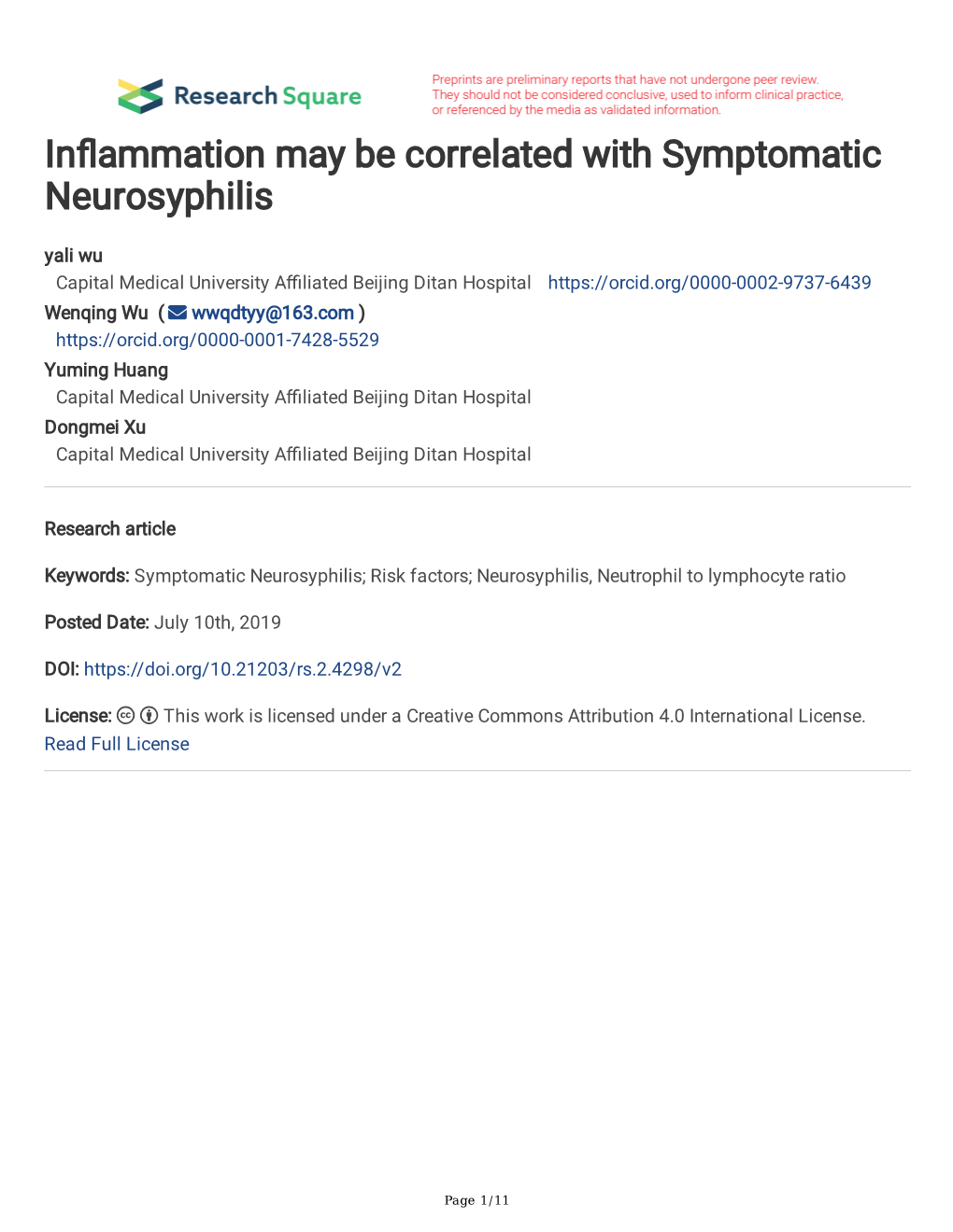 Inflammation May Be Correlated with Symptomatic Neurosyphilis