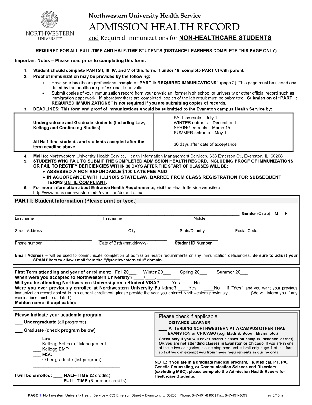 Northwestern University Health Service ADMISSION HEALTH RECORD