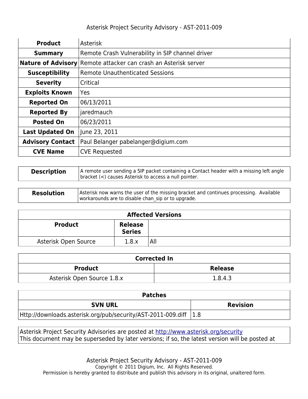 AST-2011-009 Product Asterisk Summary Remote Crash Vulnerability in SIP Channel Driver Natu