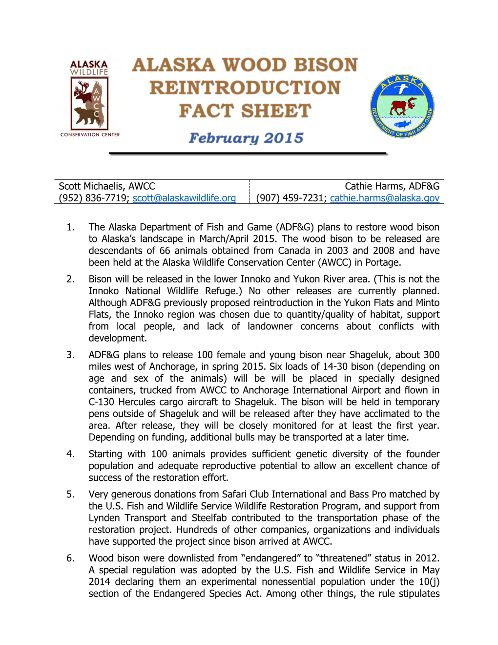 Alaska Wood Bison Reintroduction Fact Sheet