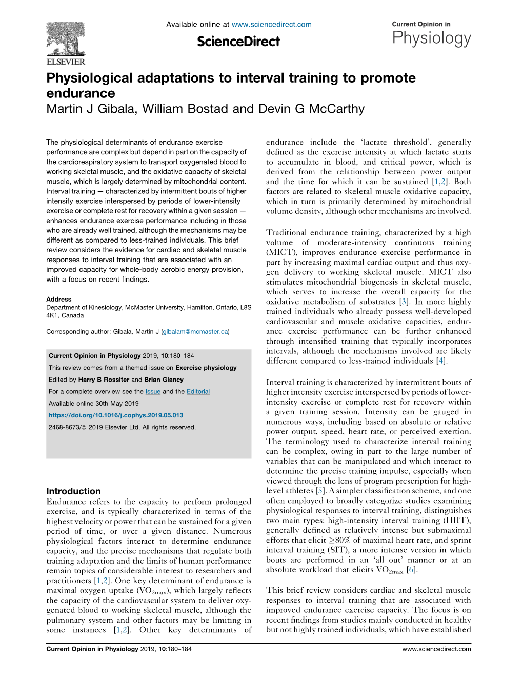 Physiological Adaptations to Interval Training to Promote Endurance Gibala, Bostad and Mccarthy 181