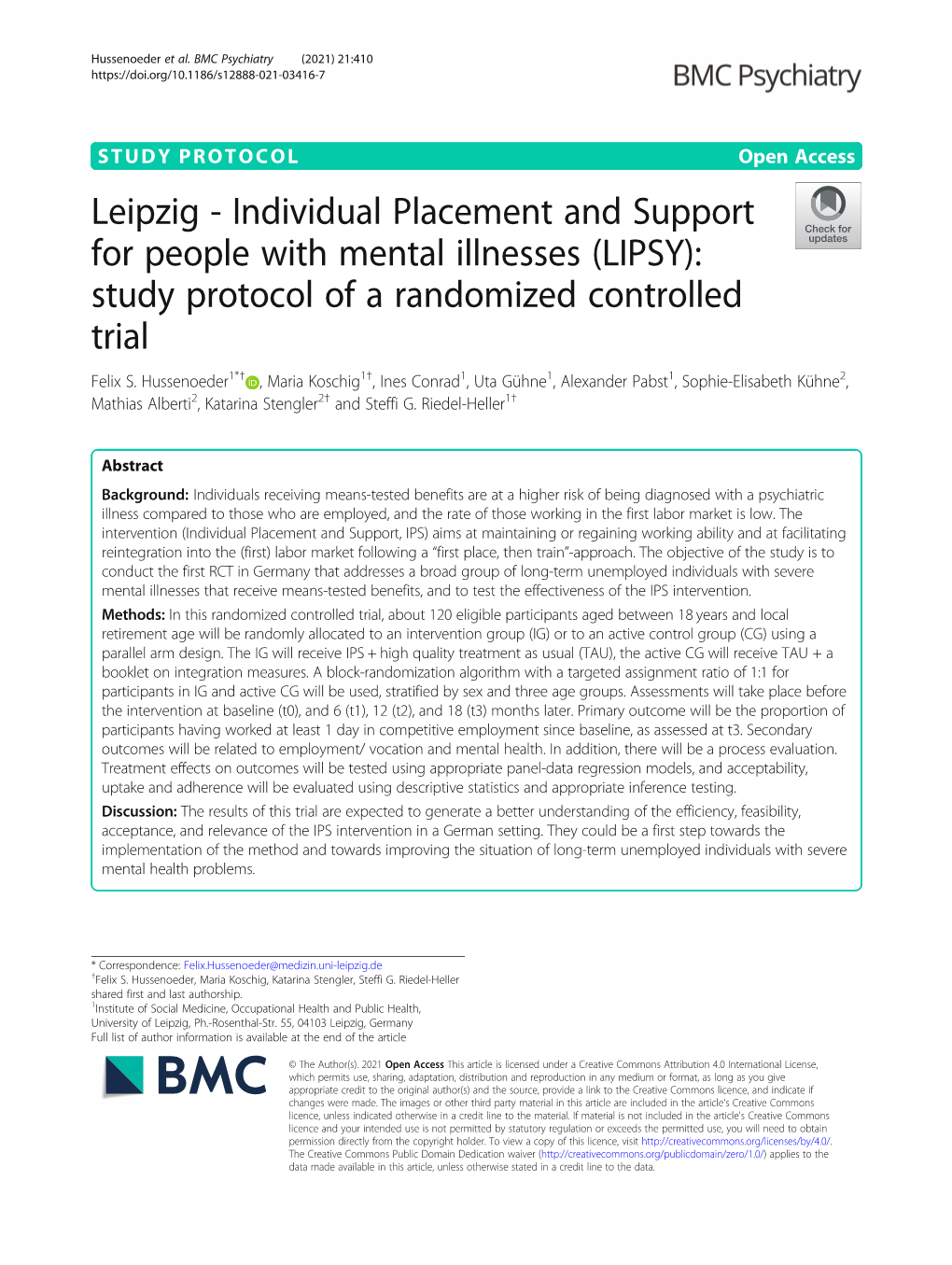 Individual Placement and Support for People with Mental Illnesses (LIPSY): Study Protocol of a Randomized Controlled Trial Felix S