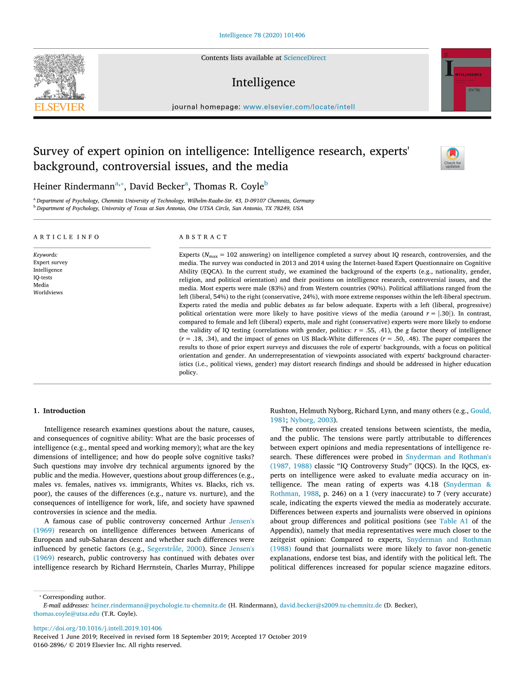 Survey of Expert Opinion on Intelligence Intelligence Research
