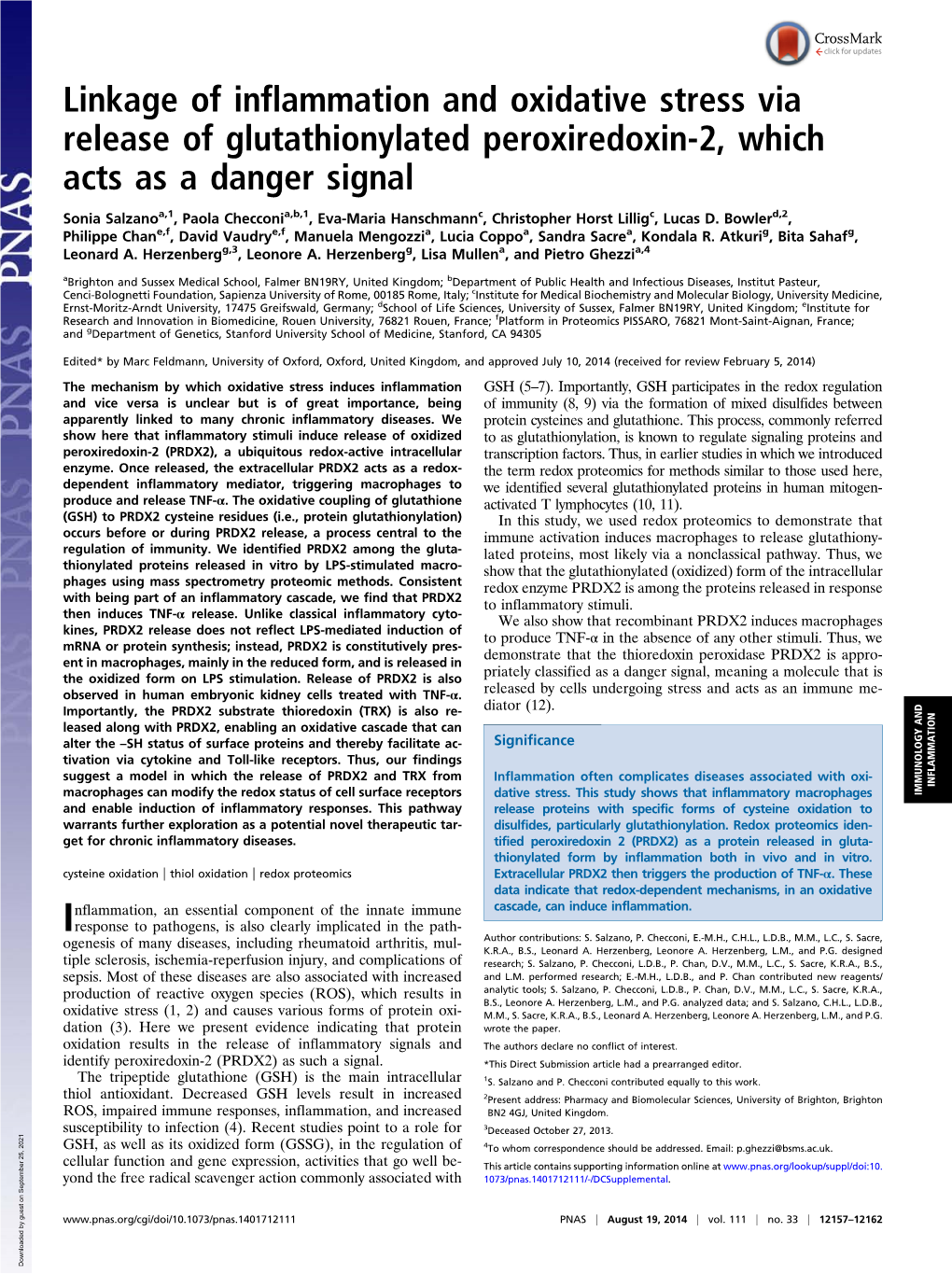 Linkage of Inflammation and Oxidative Stress Via Release of Glutathionylated Peroxiredoxin-2, Which Acts As a Danger Signal