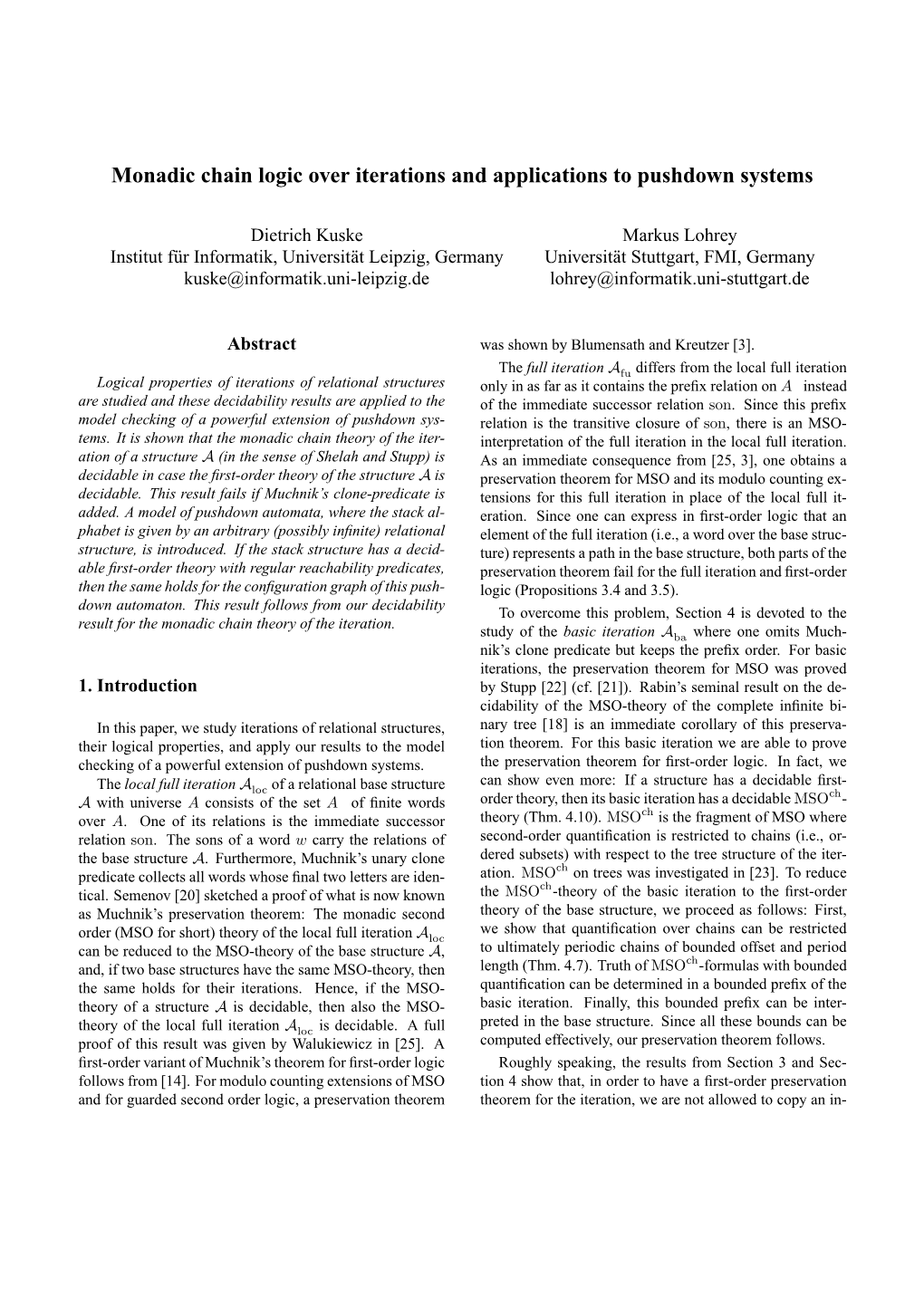 Monadic Chain Logic Over Iterations and Applications to Pushdown Systems