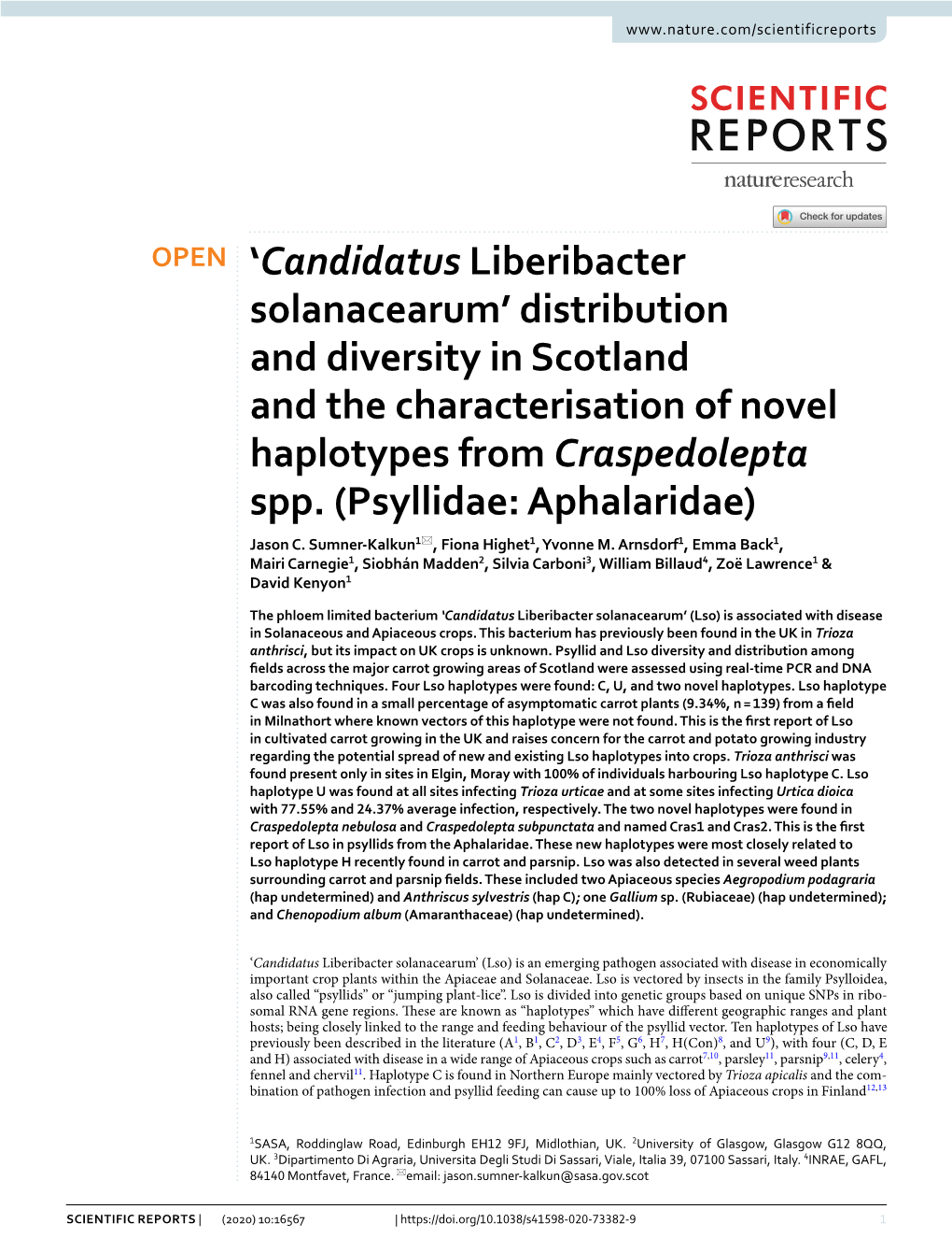 Candidatus Liberibacter Solanacearum’ Distribution and Diversity in Scotland and the Characterisation of Novel Haplotypes from Craspedolepta Spp