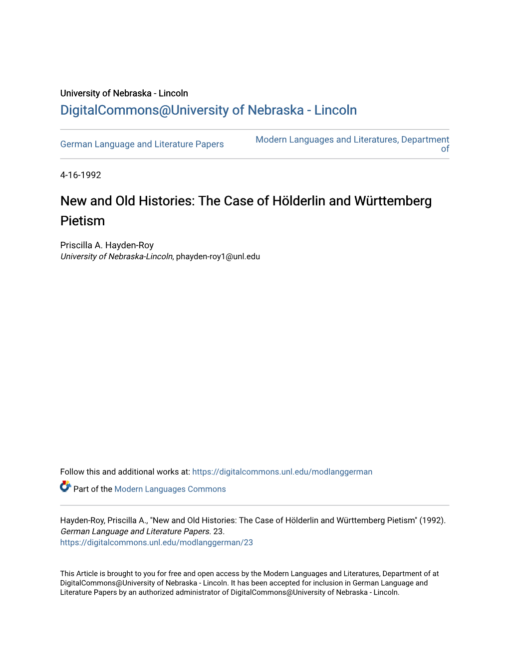 The Case of HÃ¶Lderlin and Wã¼rttemberg Pietism