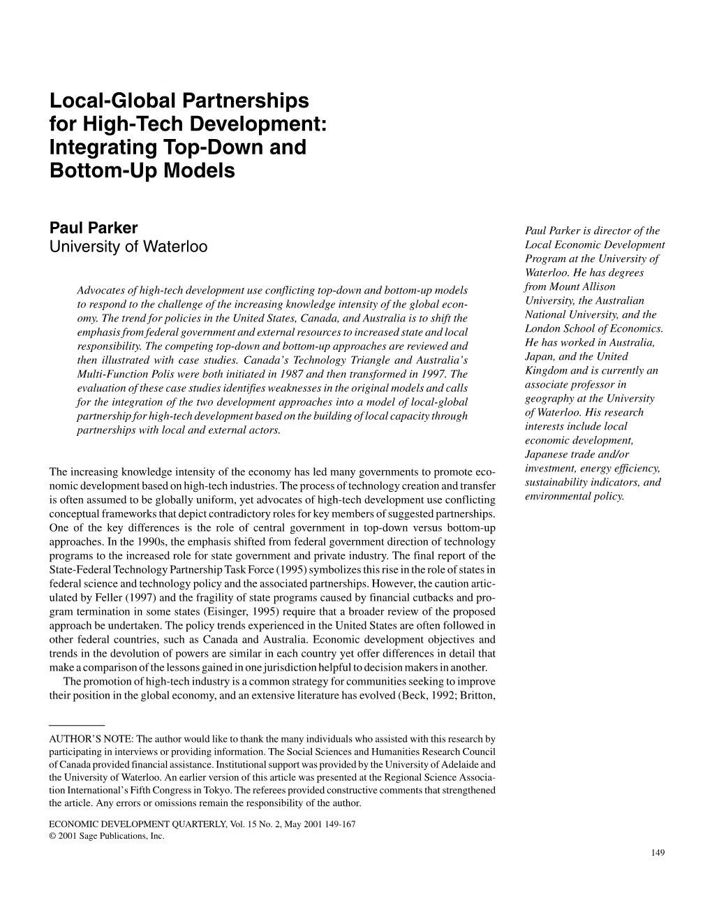 Local-Global Partnerships for High-Tech Development: Integrating Top-Down and Bottom-Up Models