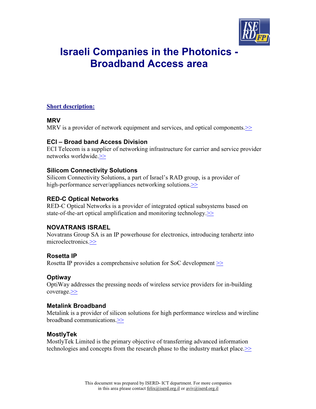 Israeli Companies in the Photonics - Broadband Access Area