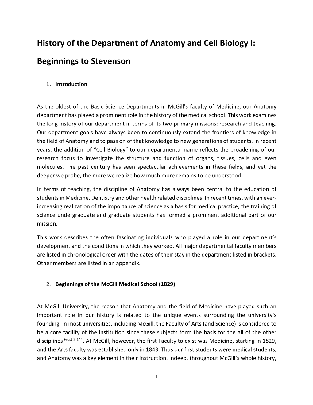 History of the Department of Anatomy and Cell Biology I: Beginnings to Stevenson