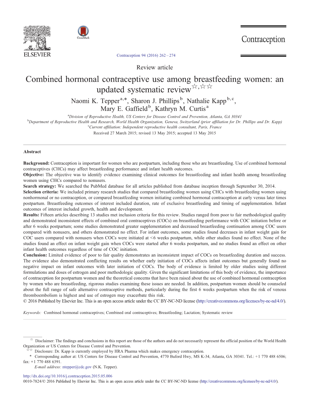 Combined Hormonal Contraceptive Use Among Breastfeeding Women: an Updated Systematic Review☆,☆☆ ⁎ Naomi K