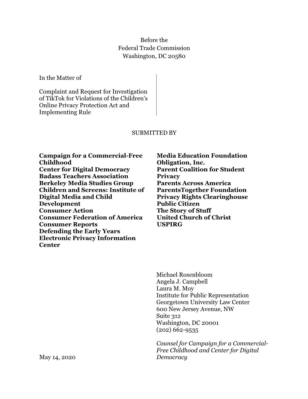 Complaint and Request for Investigation of Tiktok for Violations of the Children’S Online Privacy Protection Act and Implementing Rule