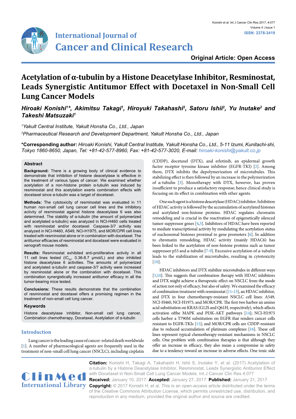 Acetylation of Α-Tubulin by a Histone Deacetylase Inhibitor, Resminostat