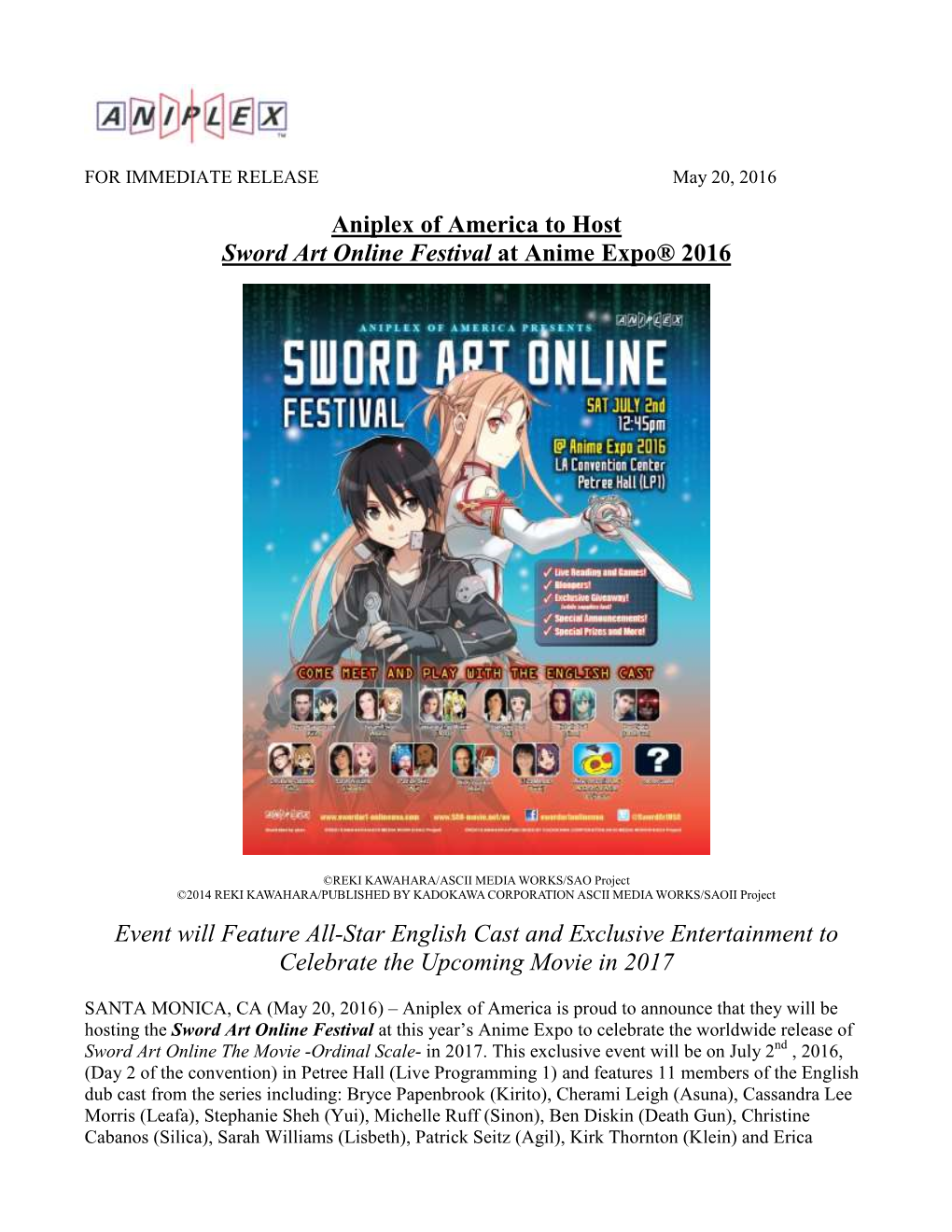 Aniplex of America to Host Sword Art Online Festival at Anime Expo® 2016