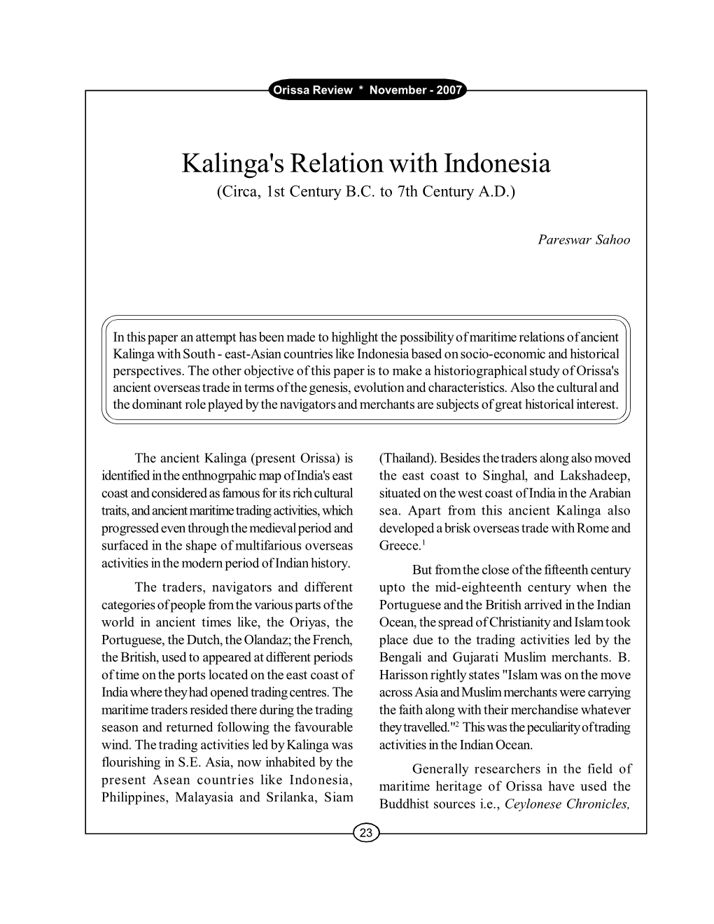 Kalinga's Relation with Indonesia (Circa, 1St Century B.C