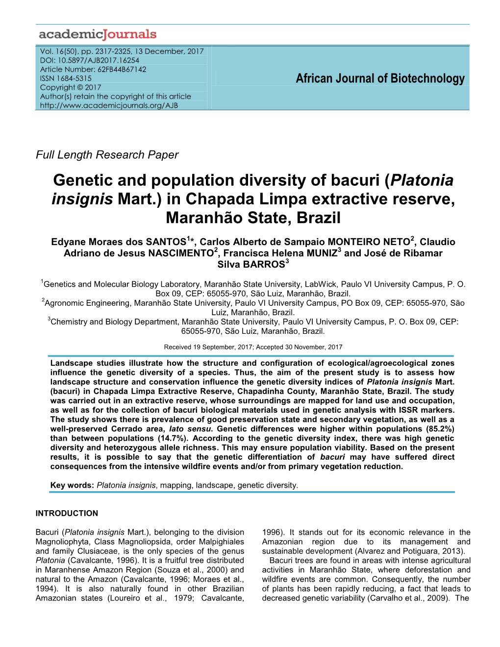 Platonia Insignis Mart.) in Chapada Limpa Extractive Reserve, Maranhão State, Brazil