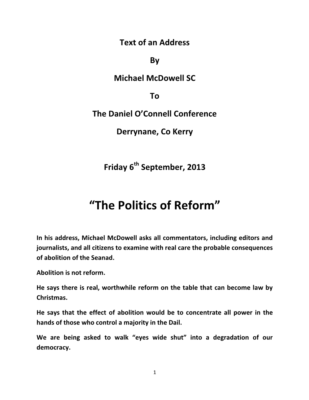 “The Politics of Reform”