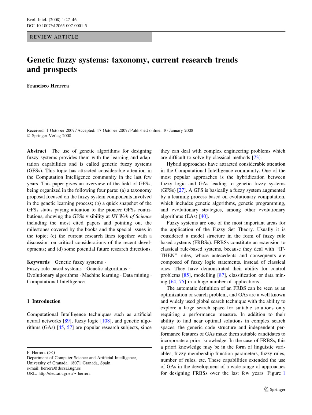 Genetic Fuzzy Systems: Taxonomy, Current Research Trends and Prospects