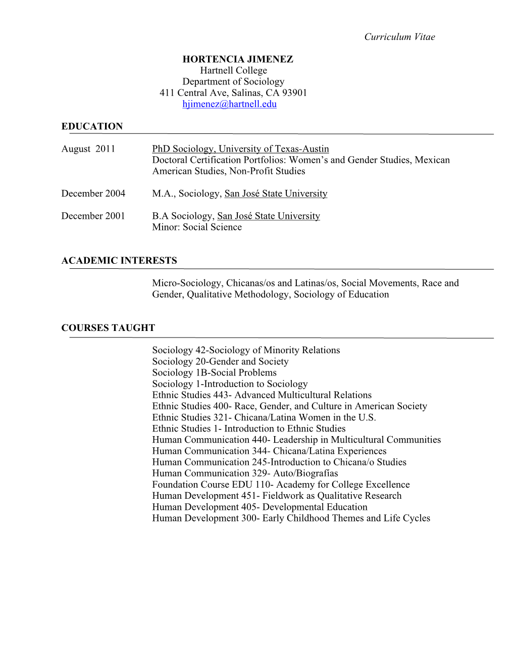 Curriculum Vitae HORTENCIA JIMENEZ Hartnell College