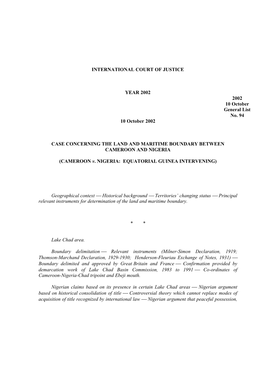 CM NE 021010 ICJ Case Concerning the Land and Maritime Boundary Between Cameroon and Nigeria.Pdf