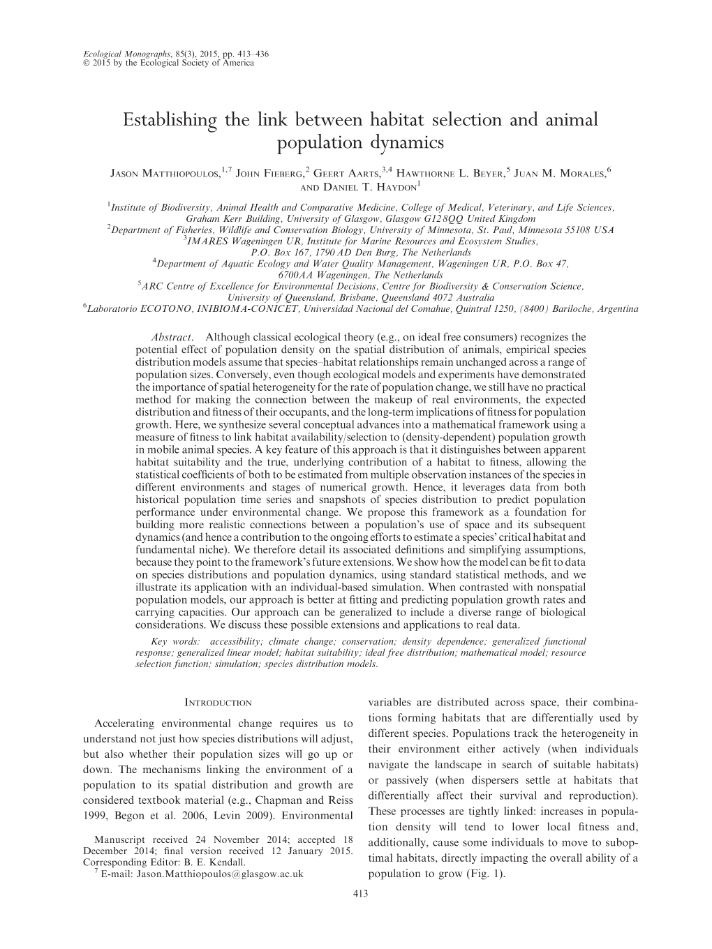 Establishing the Link Between Habitat Selection and Animal Population Dynamics