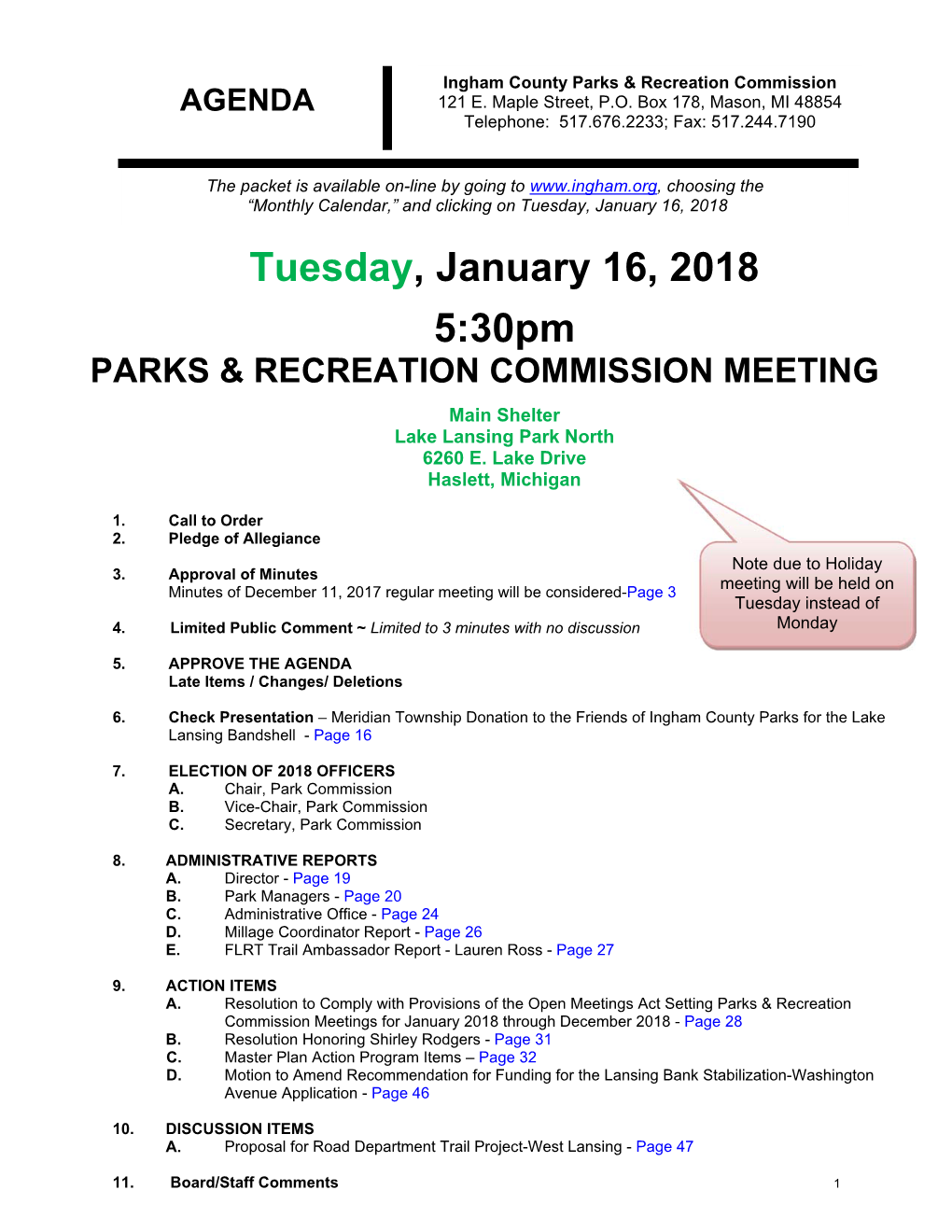 AGENDA Tuesday, January 16, 2018 5:30Pm PARKS & RECREATION