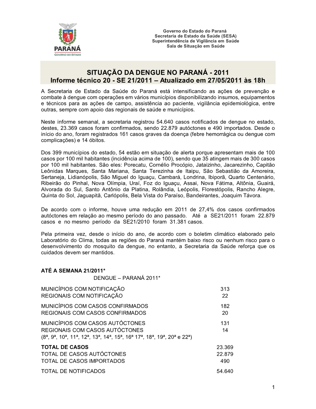 SITUAÇÃO DA DENGUE NO PARANÁ - 2011 Informe Técnico 20 - SE 21/2011 – Atualizado Em 27/05/2011 Às 18H