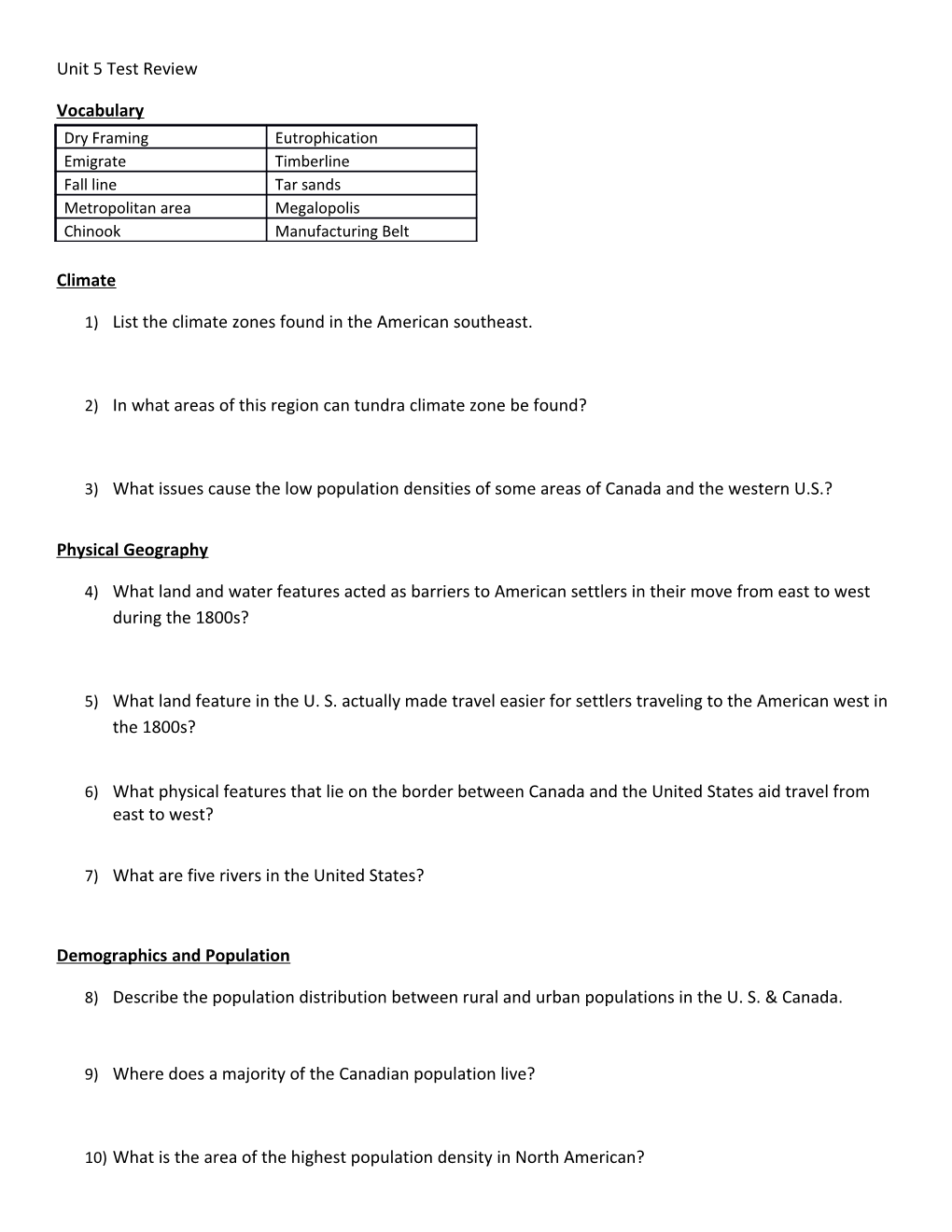 1) List the Climate Zones Found in the American Southeast