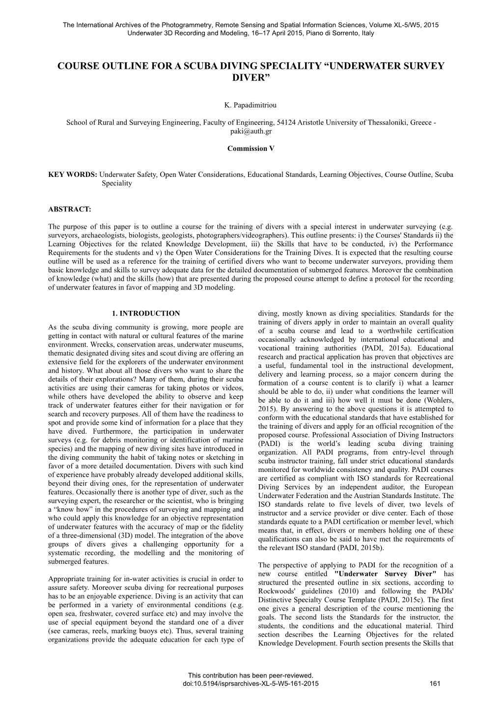 Course Outline for a Scuba Diving Speciality “Underwater Survey Diver”