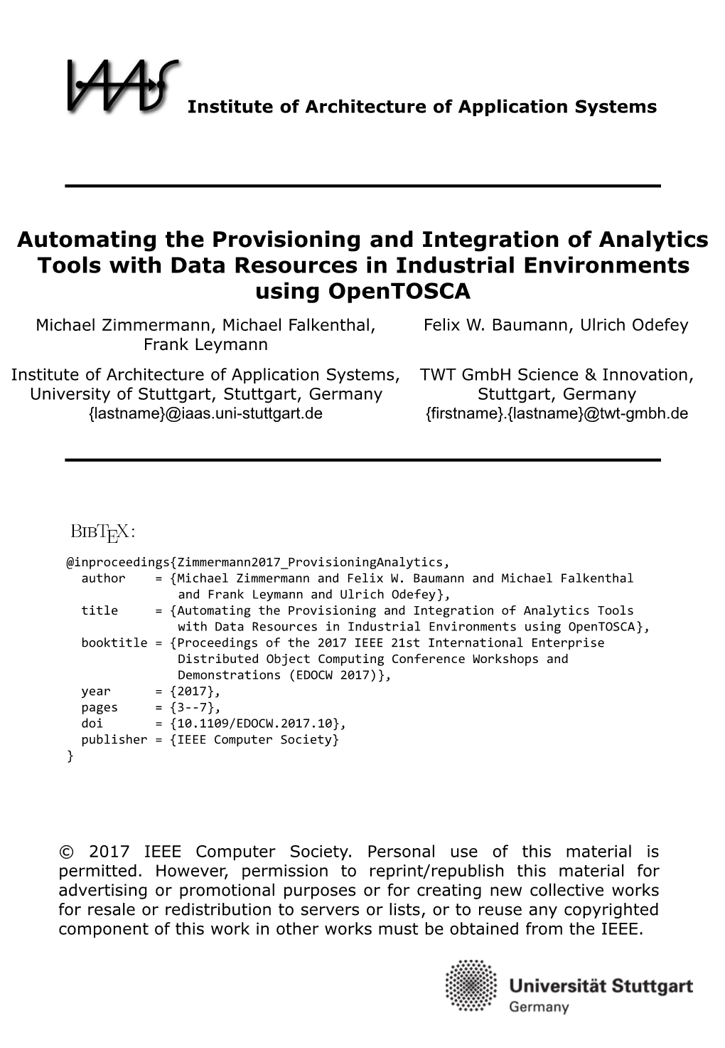 Automating the Provisioning and Integration of Analytics Tools with Data Resources in Industrial Environments Using Opentosca