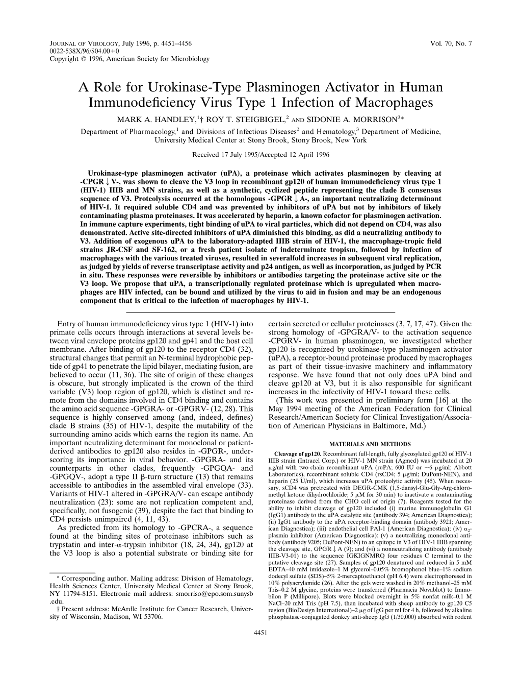 A Role for Urokinase-Type Plasminogen Activator in Human Immunodeficiency Virus Type 1 Infection of Macrophages