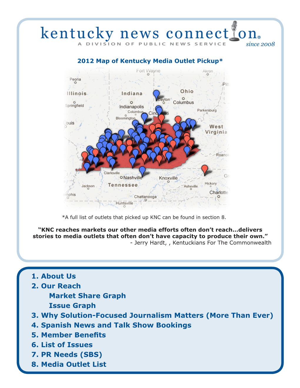 1. About Us 2. Our Reach Market Share Graph Issue Graph 3