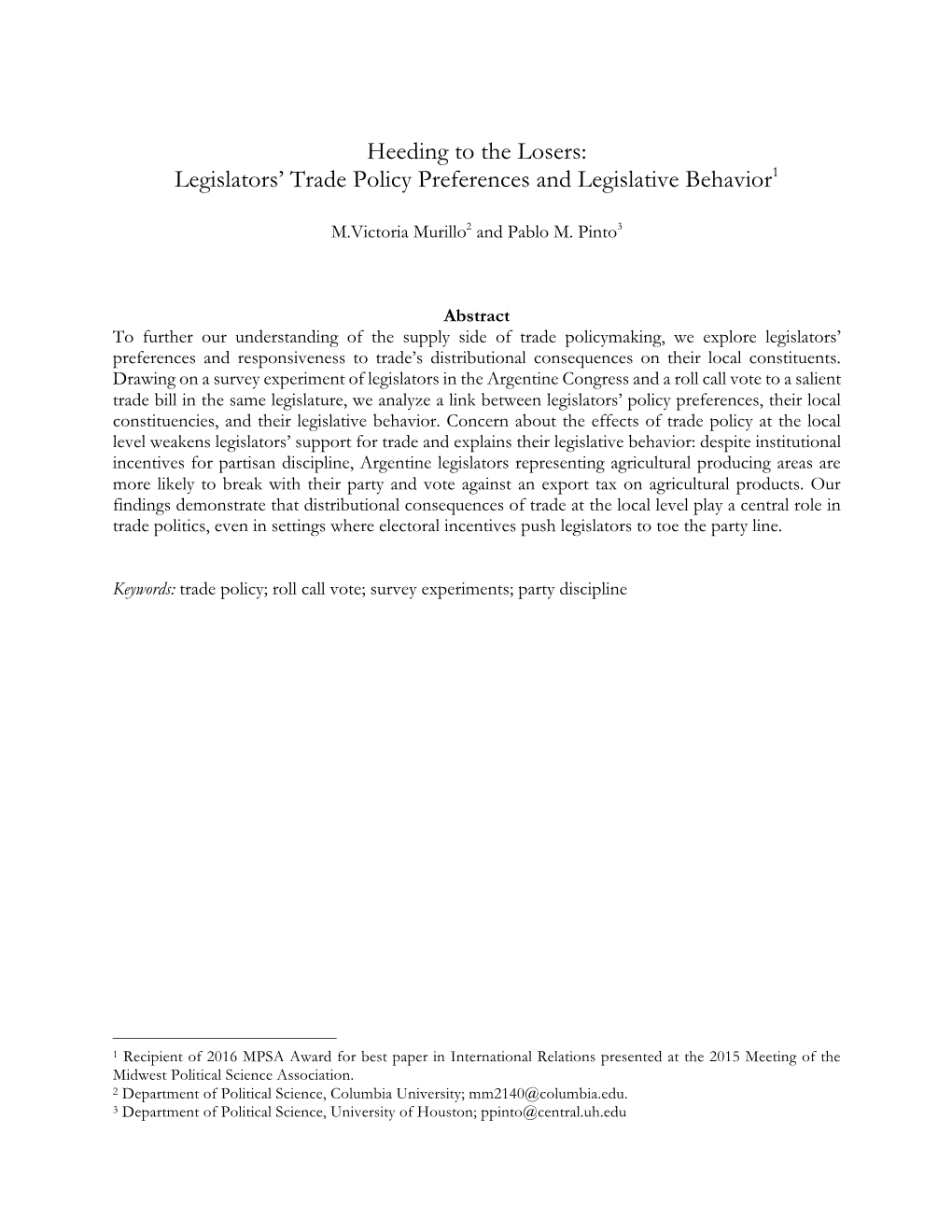 Legislators' Trade Policy Preferences and Legislative Behavior1