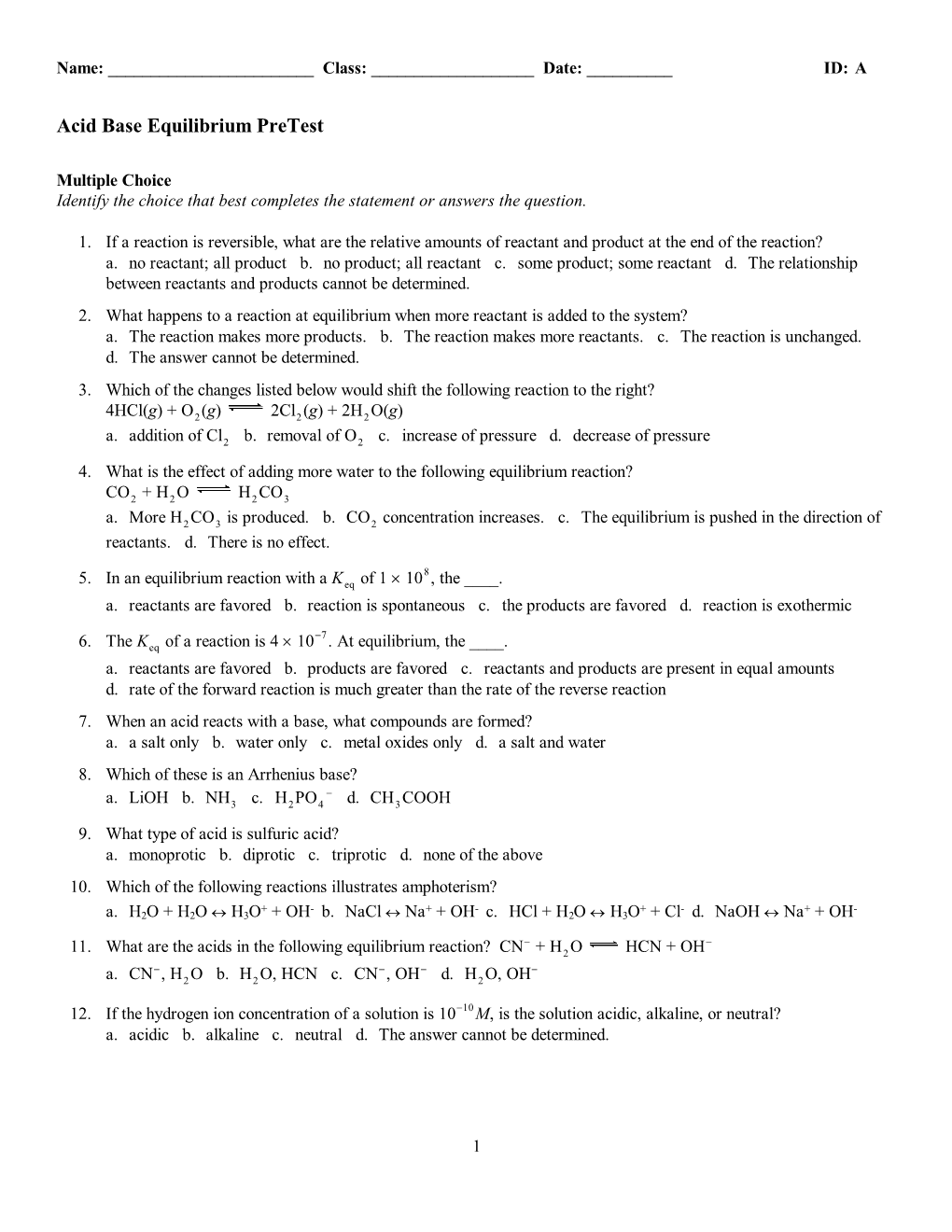 Acid Base Equilibrium Pretest