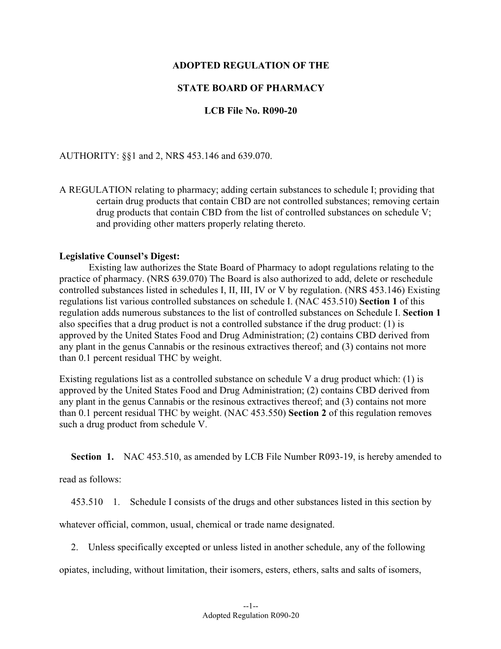 Adopted Regulation of the State Board of Pharmacy