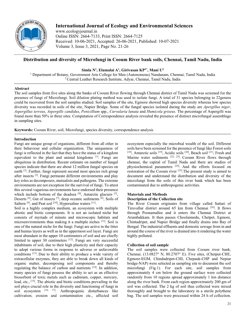 International Journal of Ecology and Environmental Sciences Online ISSN: 2664-7133, Print ISSN: 2664-7125