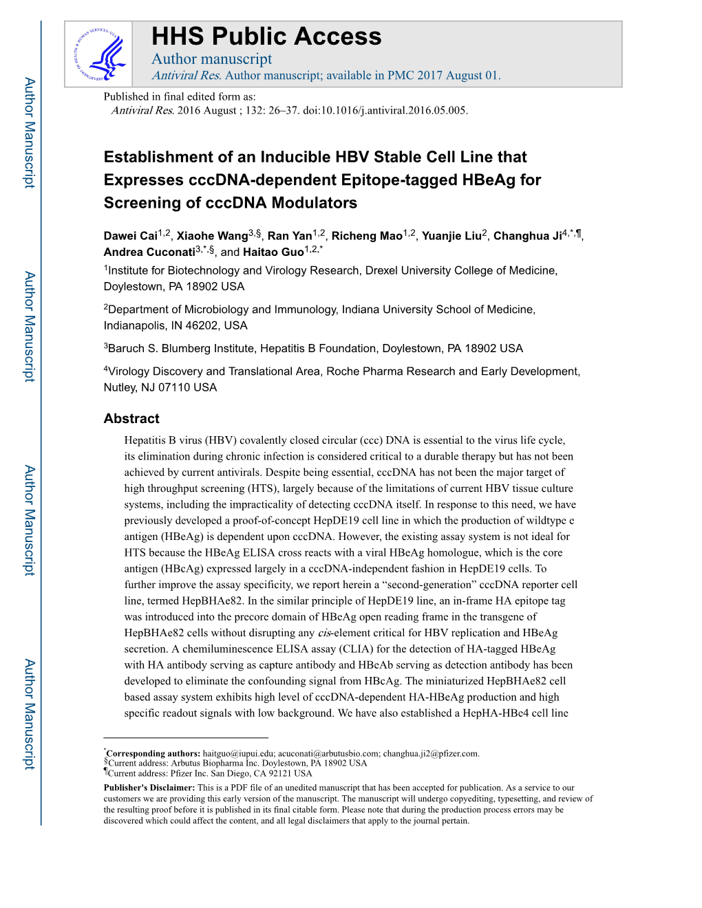 Establishment of an Inducible HBV Stable Cell Line That Expresses Cccdna-Dependent Epitope-Tagged Hbeag for Screening of Cccdna Modulators