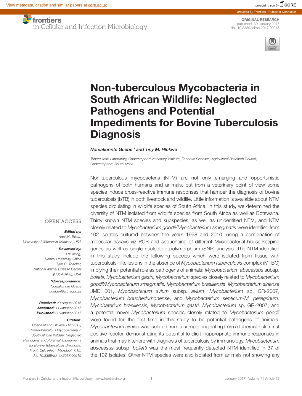 Non-Tuberculous Mycobacteria in South African Wildlife: Neglected Pathogens and Potential Impediments for Bovine Tuberculosis Diagnosis