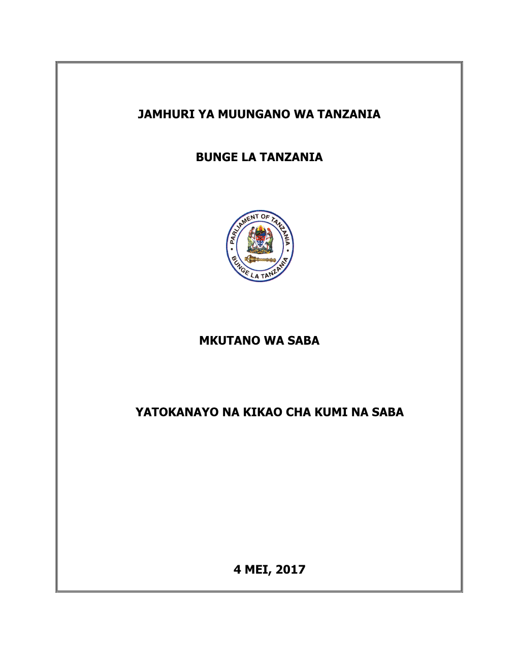 Jamhuri Ya Muungano Wa Tanzania Bunge La Tanzania