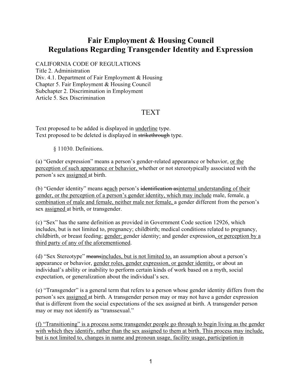 Fair Employment & Housing Council Regulations Regarding Transgender Identity and Expression