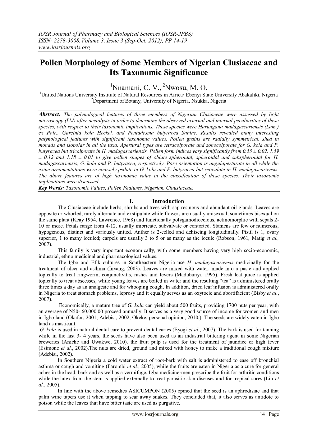 Taxonomic Values of Pollen Features in Some Members of the Nigerian