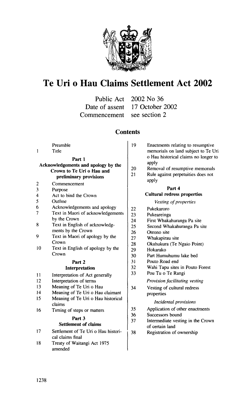 2002 No 36 Te Uri O Hau Claims Settlement Act 2002
