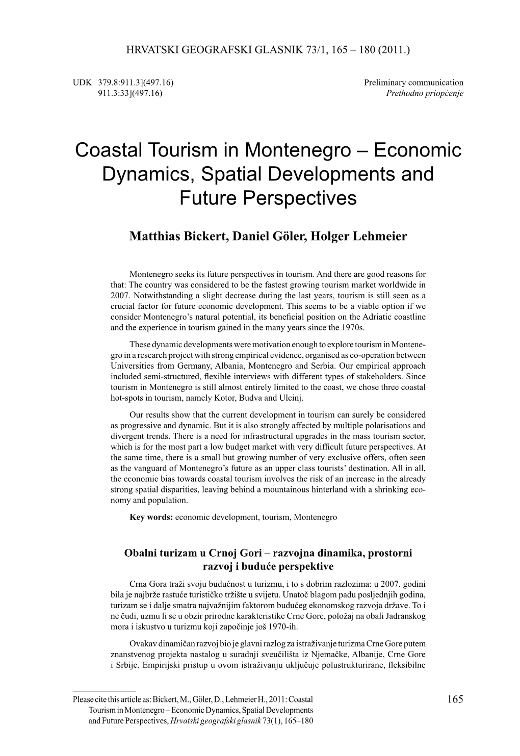Coastal Tourism in Montenegro – Economic Dynamics, Spatial Developments and Future Perspectives