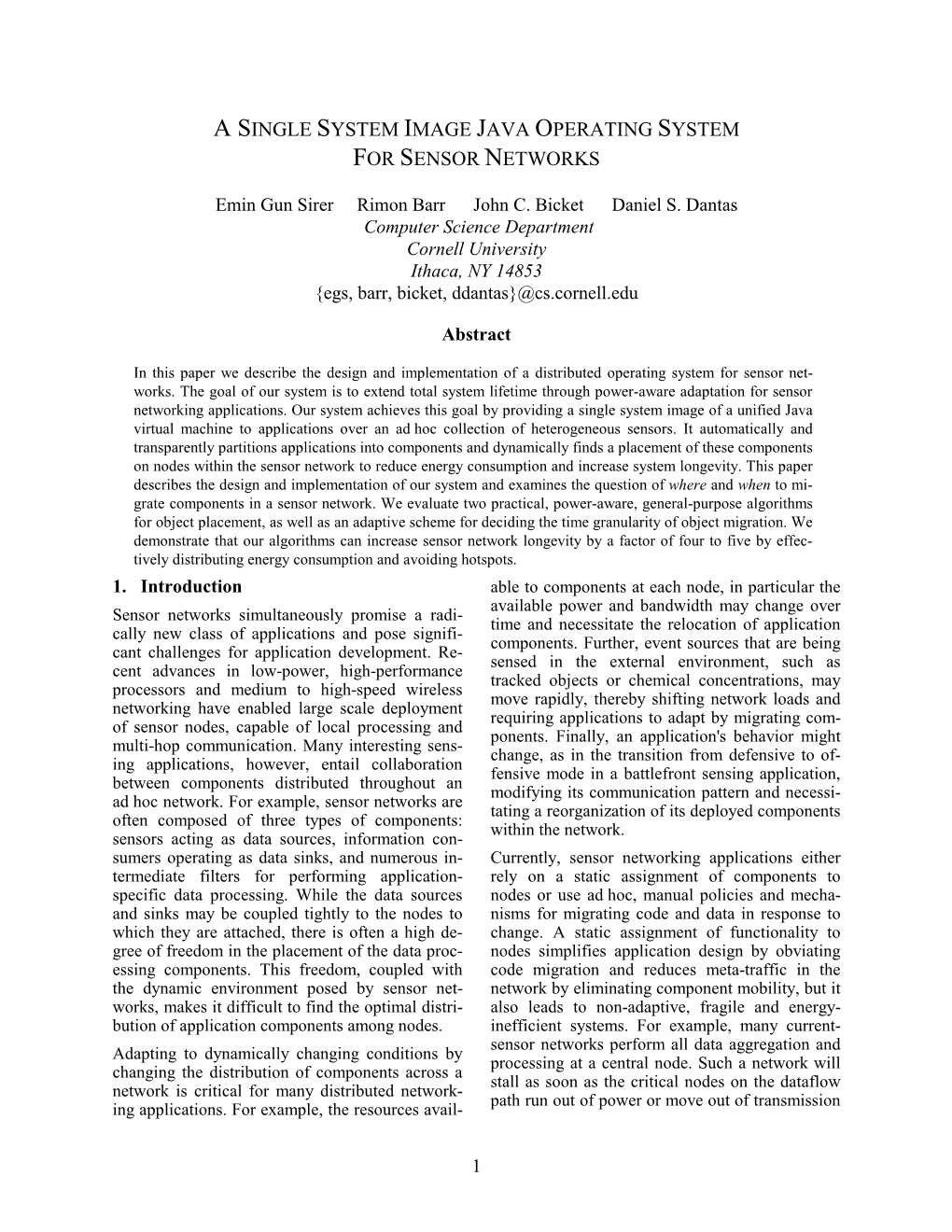 A Single System Image Java Operating System for Sensor Networks