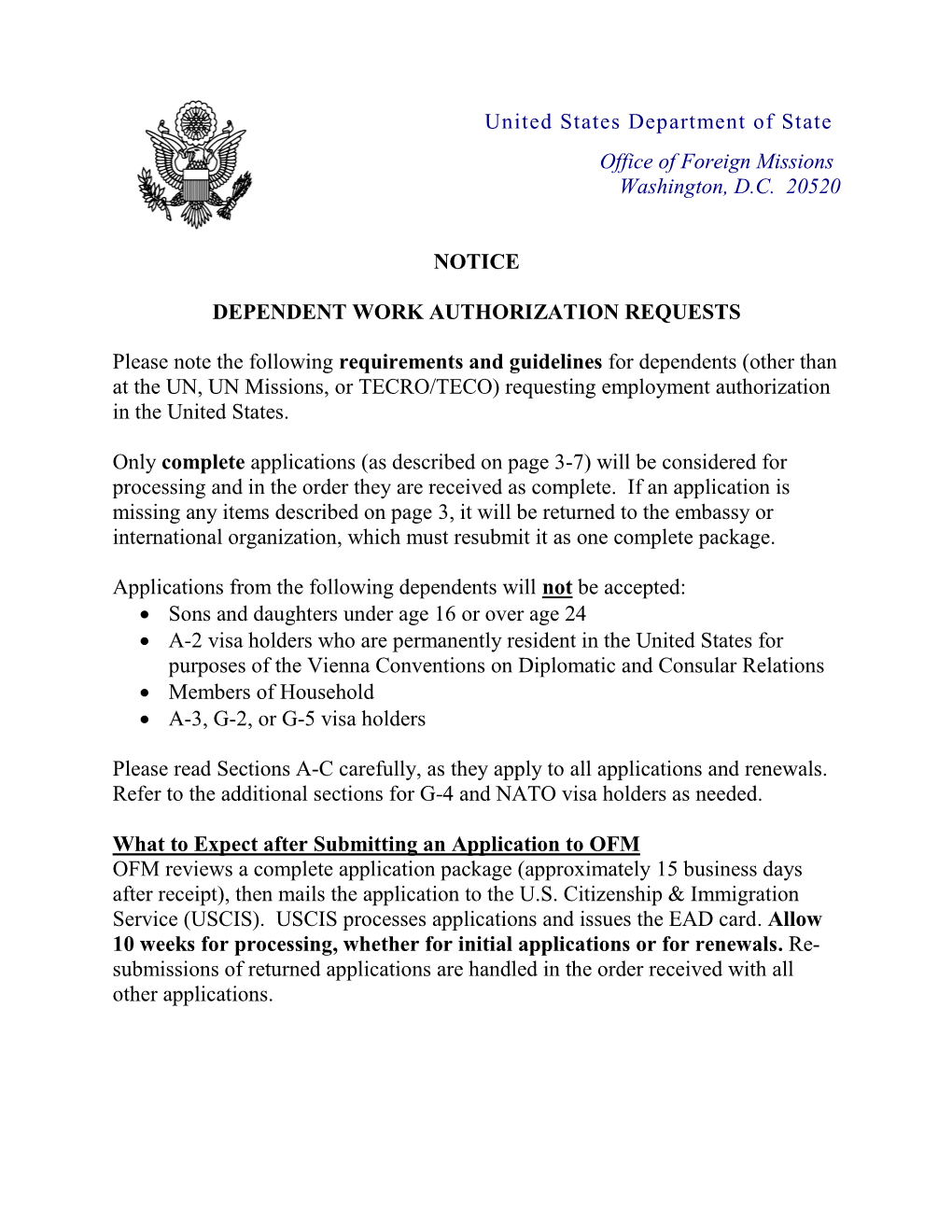 OFM Notice – Dependent Work Authorization