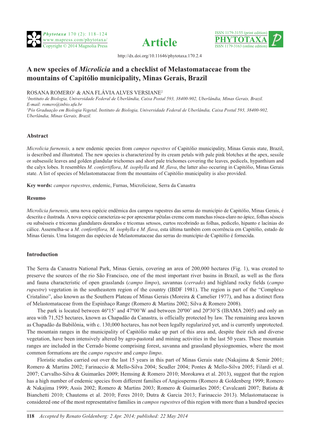 A New Species of Microlicia and a Checklist of Melastomataceae from the Mountains of Capitólio Municipality, Minas Gerais, Brazil