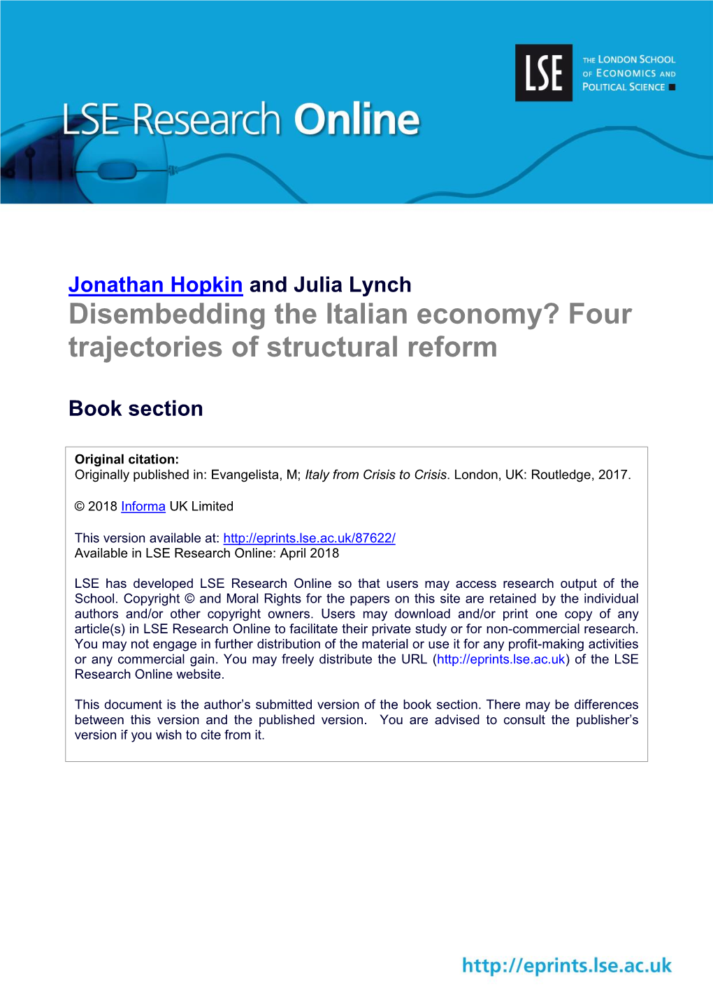 Disembedding the Italian Economy? Four Trajectories of Structural Reform