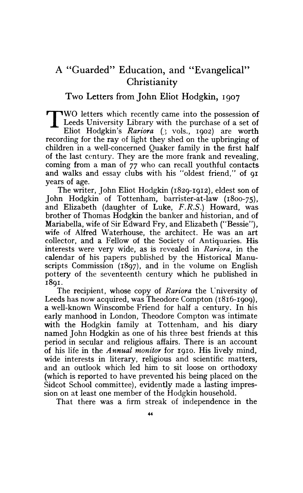 Evangelical" Christianity Two Letters from John Eliot Hodgkin, 1907