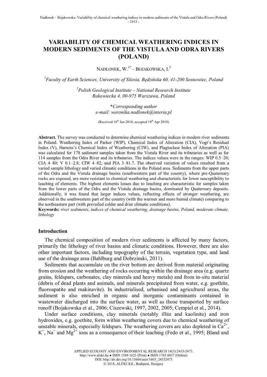 Variability of Chemical Weathering Indices in Modern Sediments of the Vistula and Odra Rivers (Poland) - 2453