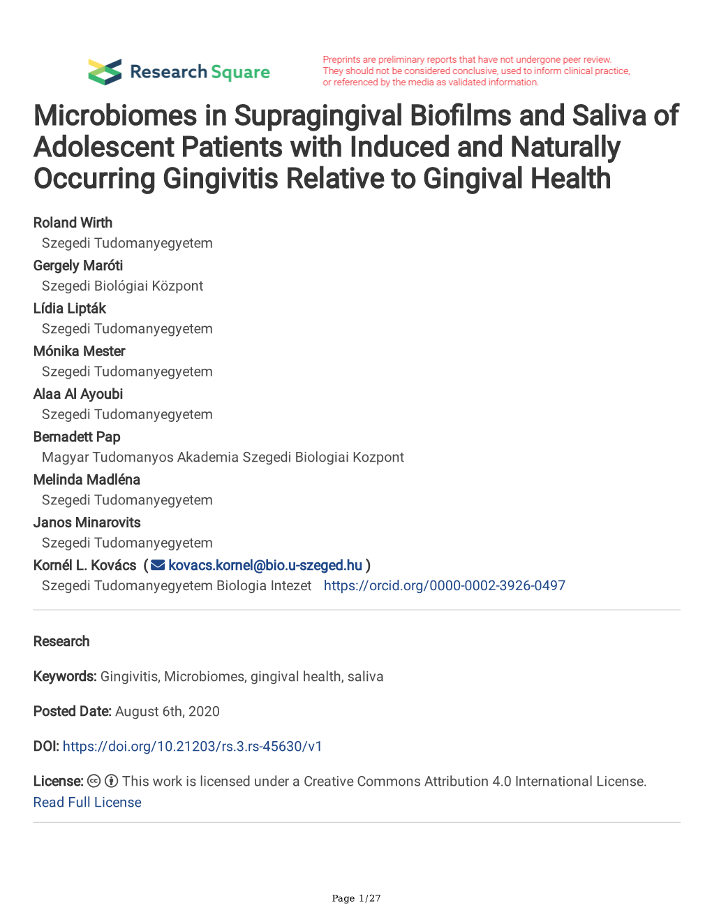 Microbiomes in Supragingival Bio Lms and Saliva of Adolescent Patients